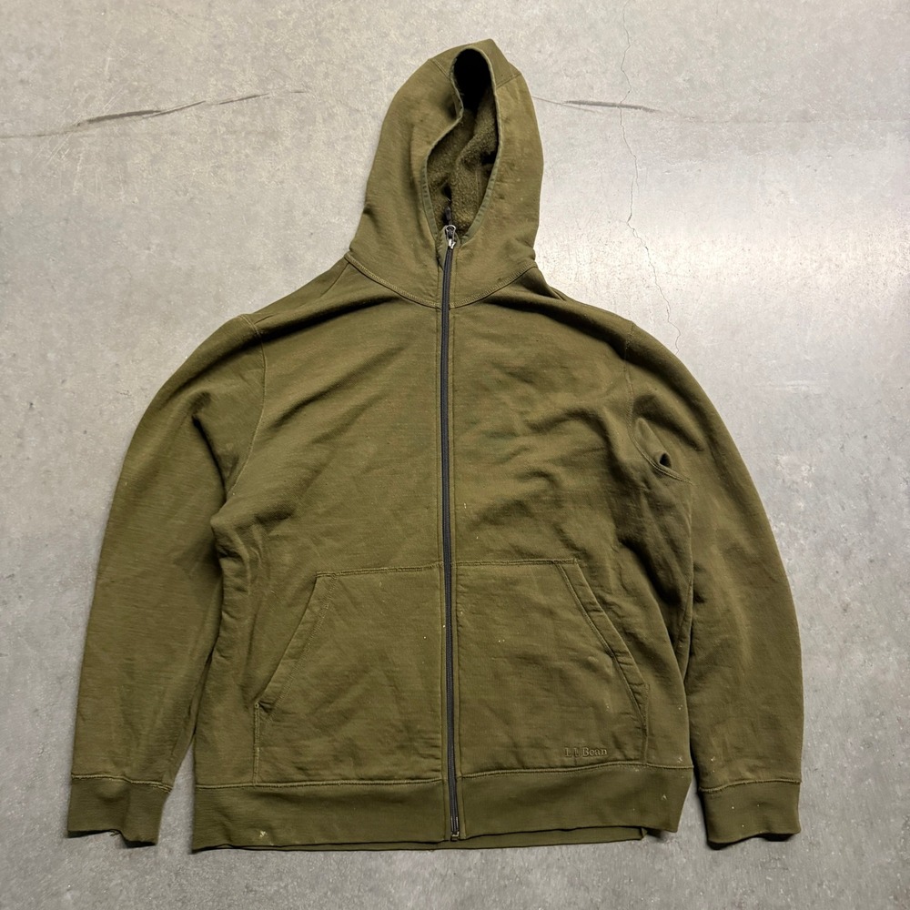 LL Bean Mens Merino Wool Full Zip Hoodie Olive Green Large 264988